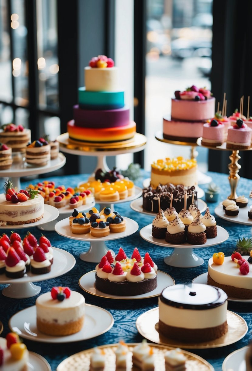 A decorative table with an assortment of colorful and elegant desserts, cakes, and pastries arranged in an aesthetically pleasing manner