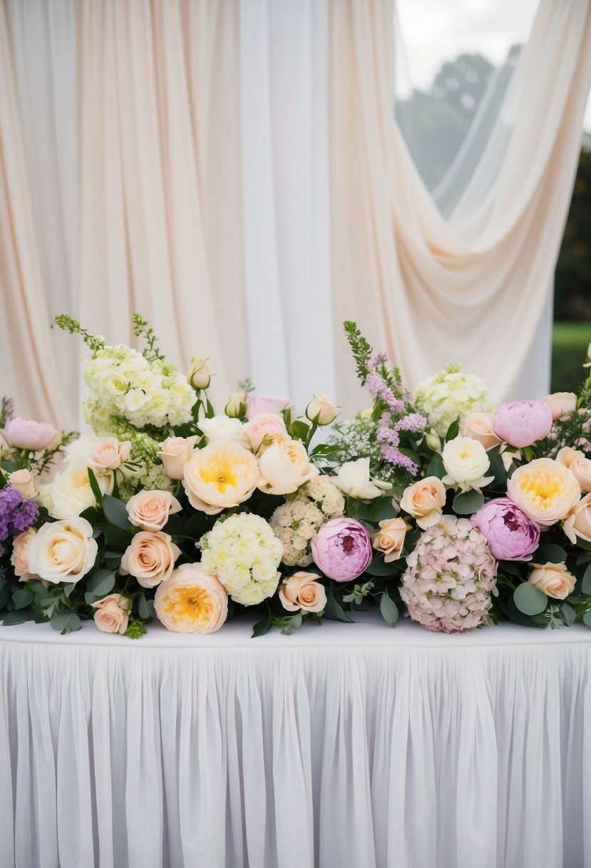 A table adorned with a variety of floral arrangements in soft pastel colors, including roses, peonies, and hydrangeas, set against a backdrop of flowing white fabric