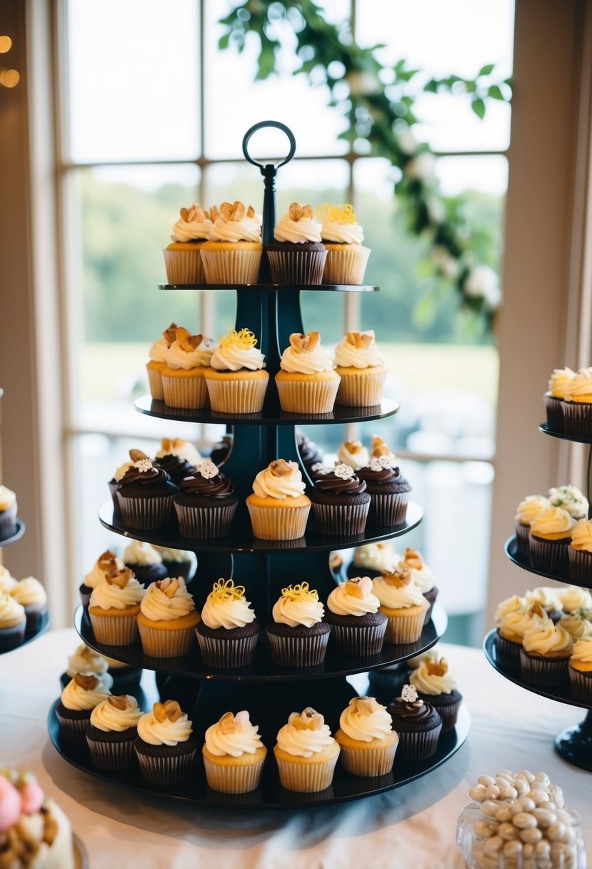 A classic cupcake display on a wedding sweet table, featuring a variety of beautifully decorated cupcakes arranged on tiered stands