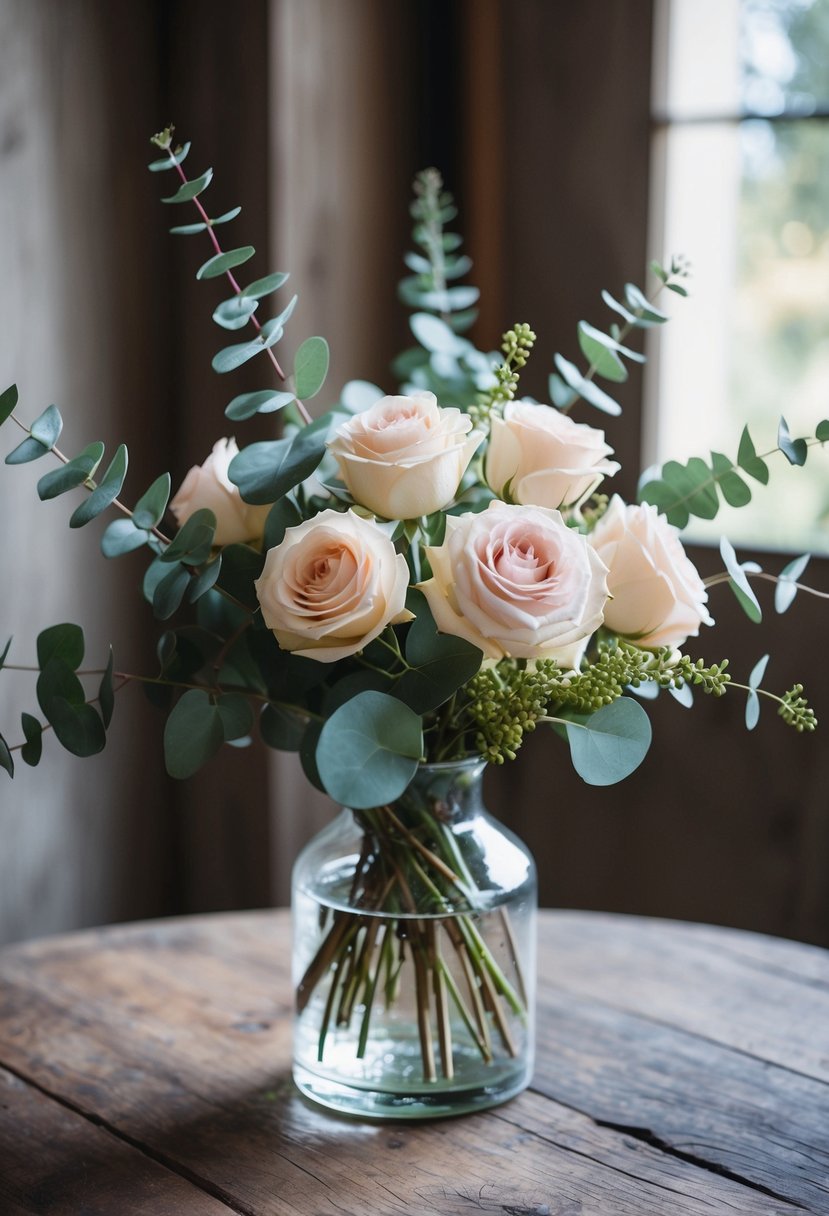 A delicate bouquet of roses and eucalyptus arranged in a glass vase on a rustic wooden table