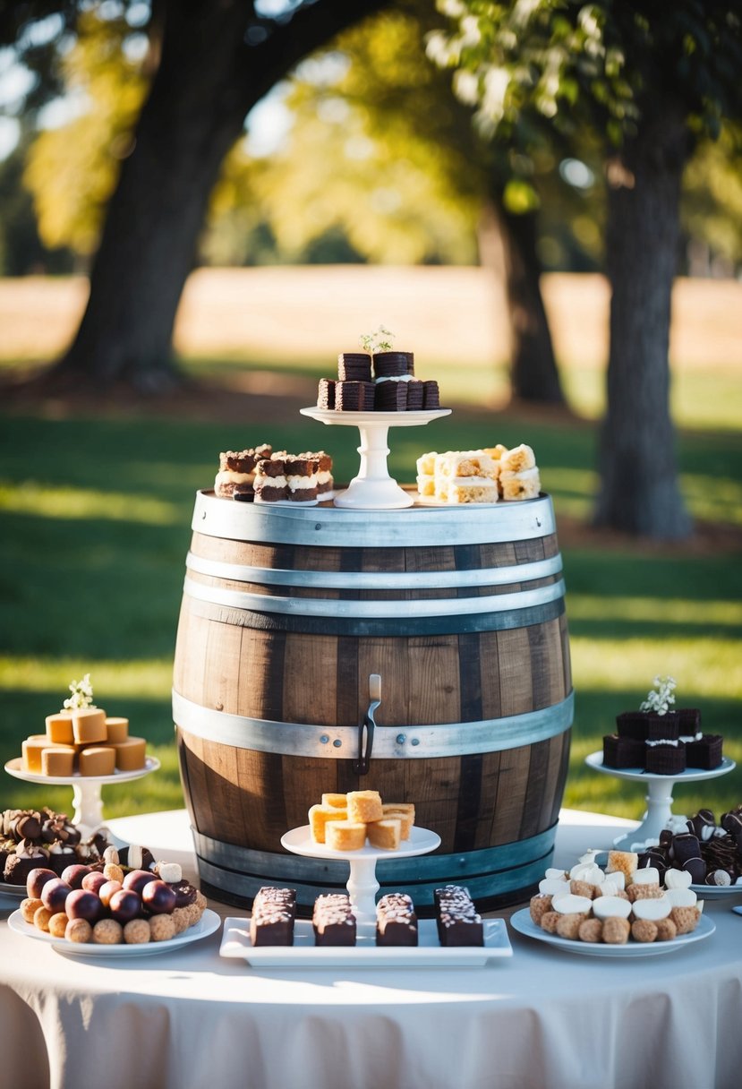 A rustic wine barrel setup with assorted sweets and desserts for a wedding sweet table