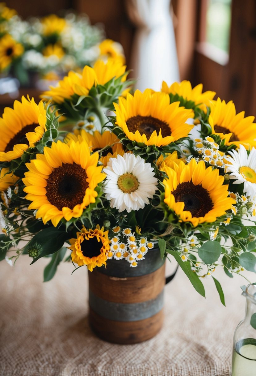 A vibrant mix of sunflowers and daisies arranged in a rustic wedding centerpiece