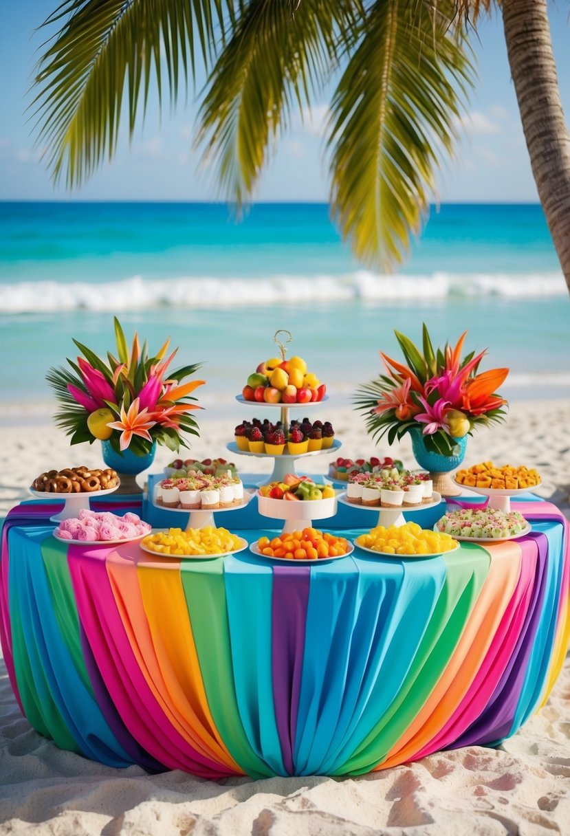 A colorful buffet table set on a tropical beach, adorned with an array of sweet treats, fruits, and tropical flowers