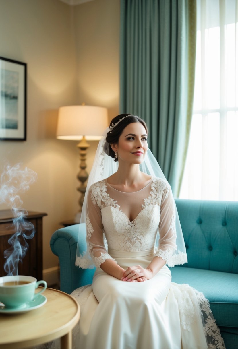 A serene bride sits in a cozy room, surrounded by soft lighting and calming decor. A cup of herbal tea steams on a nearby table, and a gentle breeze rustles the curtains