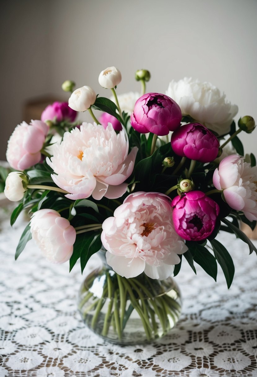 A lush arrangement of peonies and ranunculus in a glass vase on a white lace tablecloth