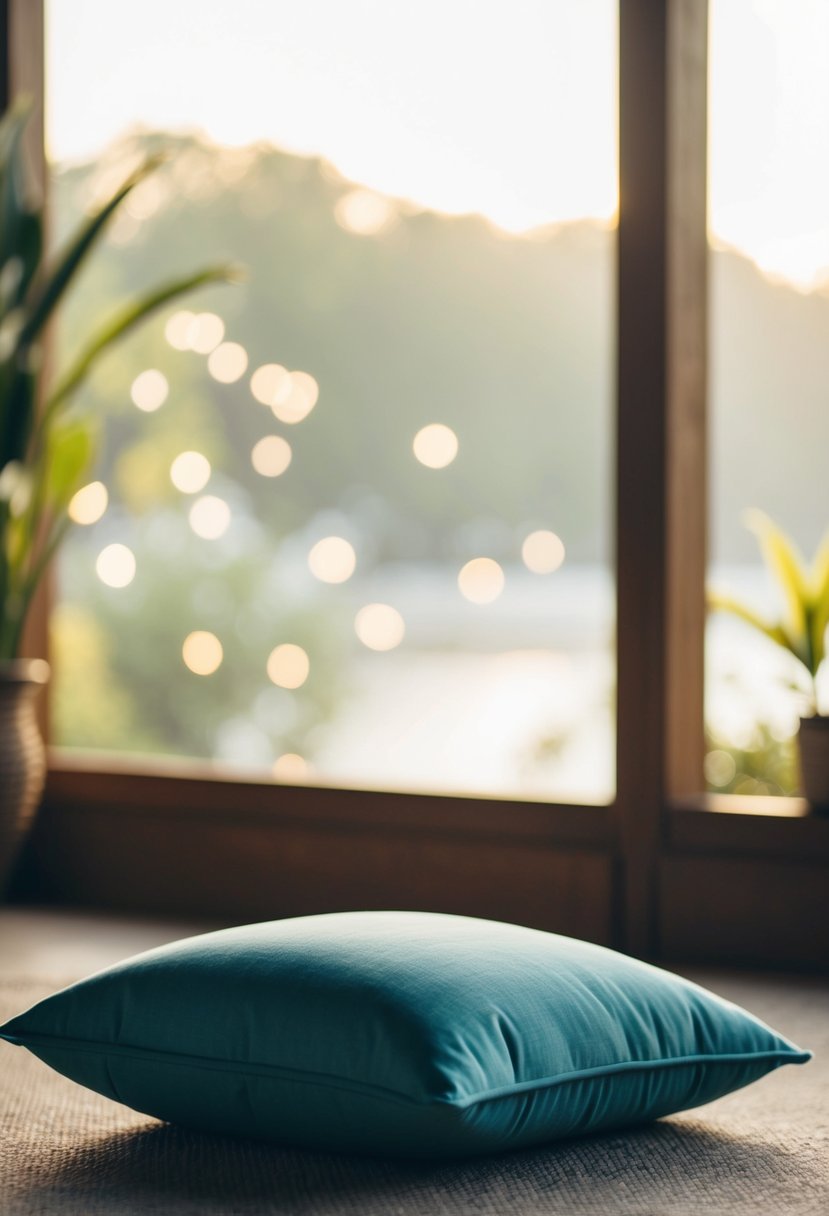 A serene setting with soft lighting, a comfortable cushion, and a tranquil atmosphere for a wedding morning meditation session