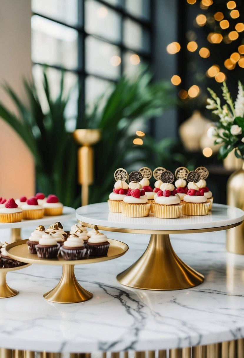 A marble and gold dessert table with modern decor and elegant desserts