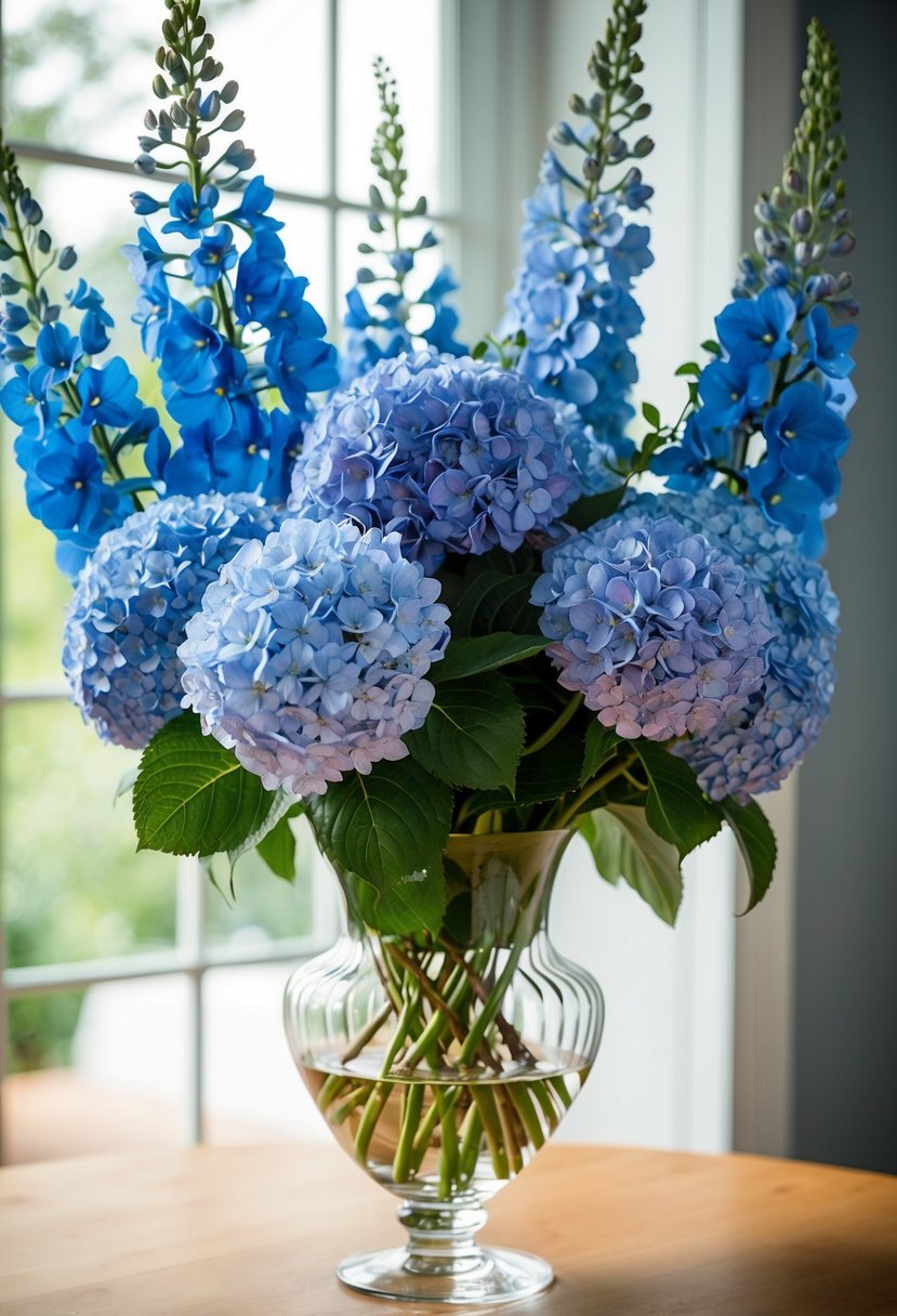 A lush arrangement of blue hydrangeas and tall delphiniums in a glass vase