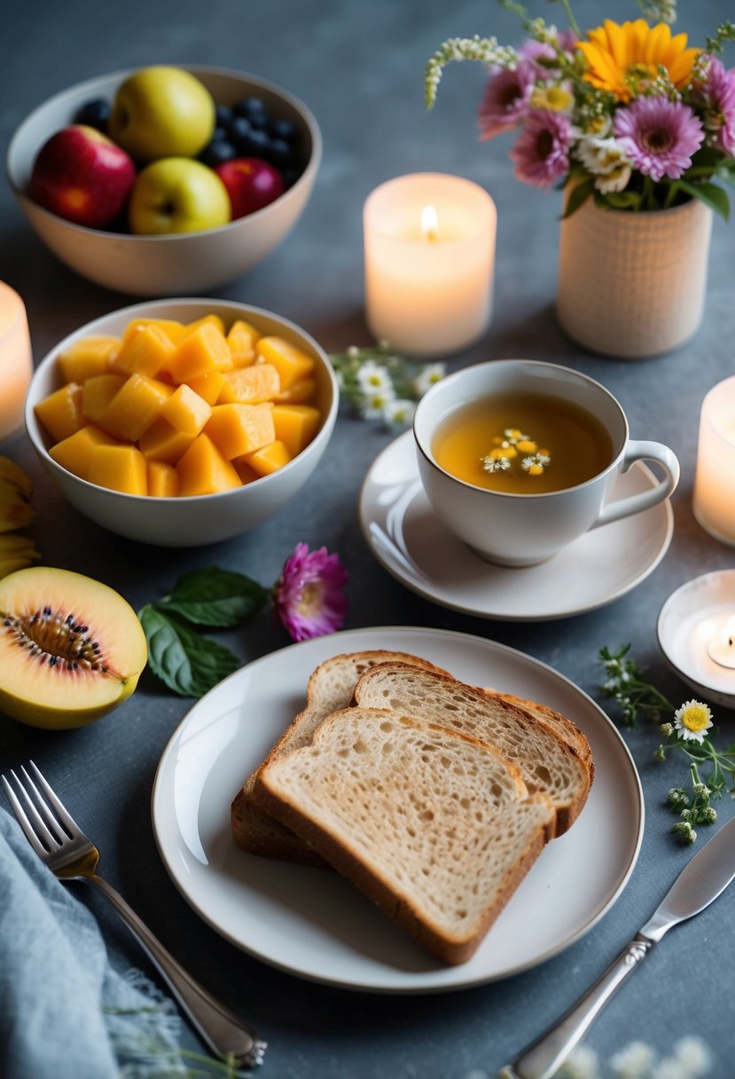 A table set with a bowl of fresh fruit, a plate of whole grain toast, and a cup of herbal tea, surrounded by calming elements like candles and flowers