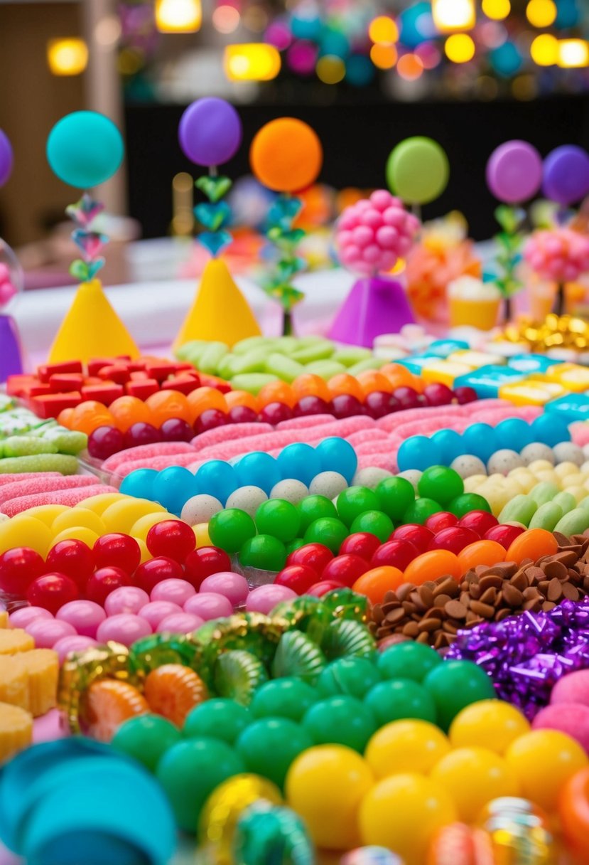 A colorful array of candies and sweets arranged on a table, with coordinating colors and decorative accents