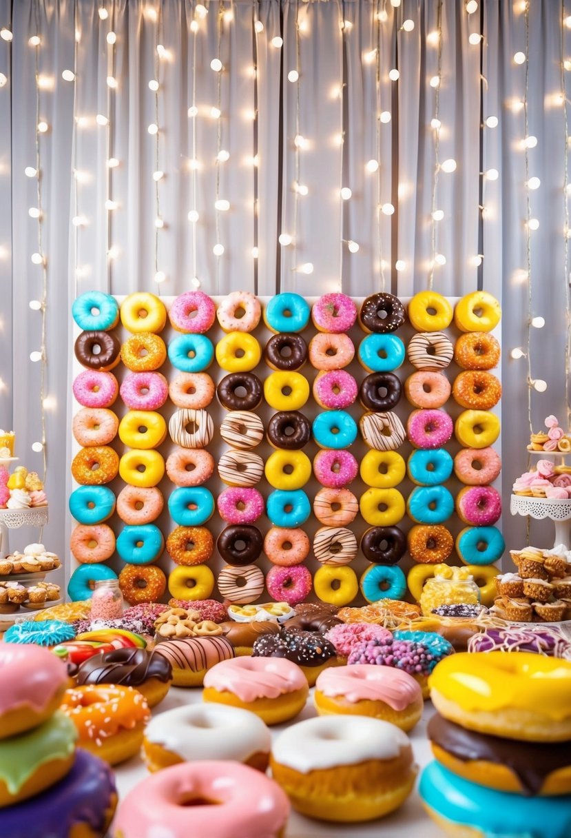 A colorful donut wall stands against a backdrop of twinkling lights, surrounded by a variety of decorative sweets and treats