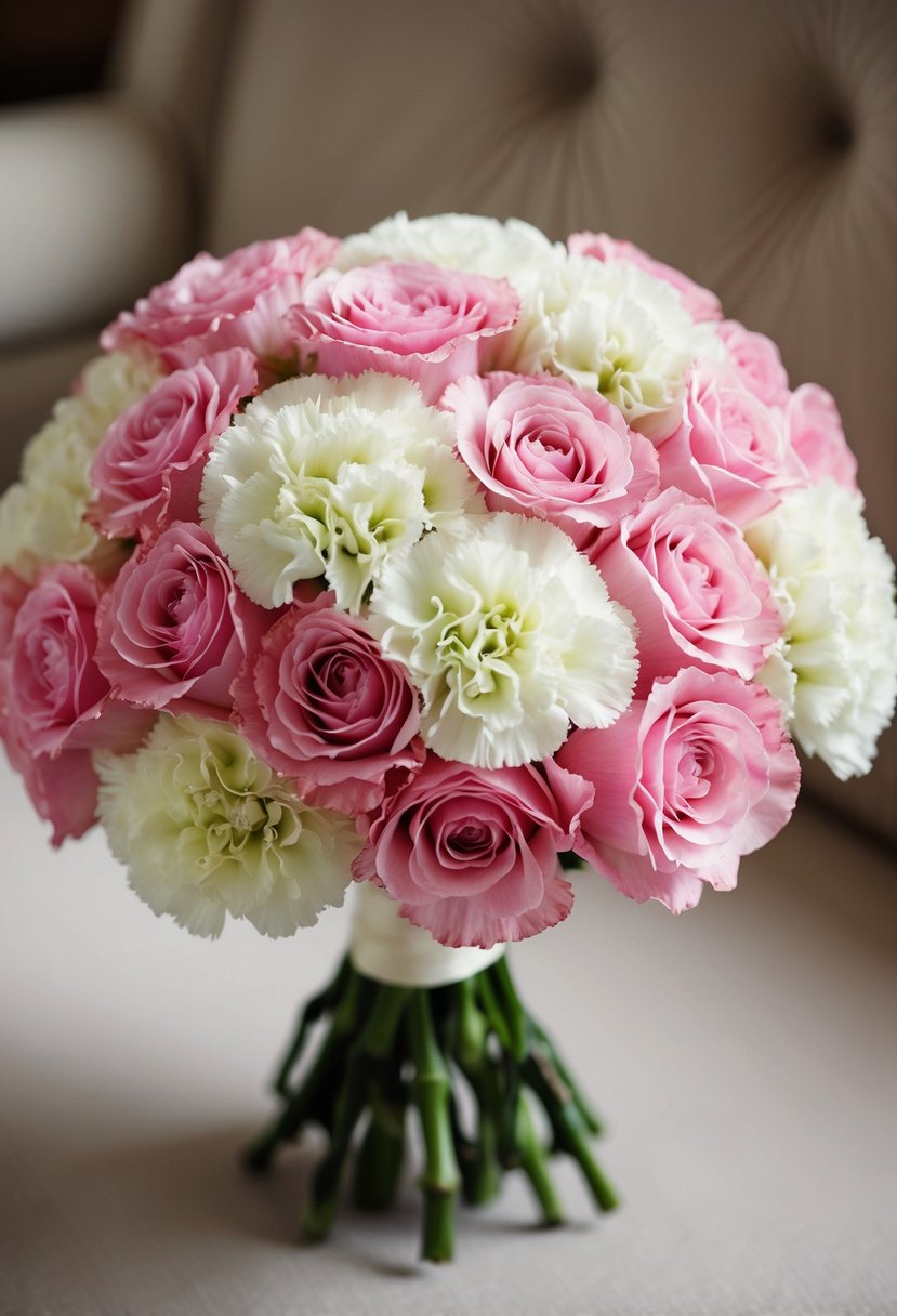 A cluster of carnations and pink roses arranged in a bridal bouquet