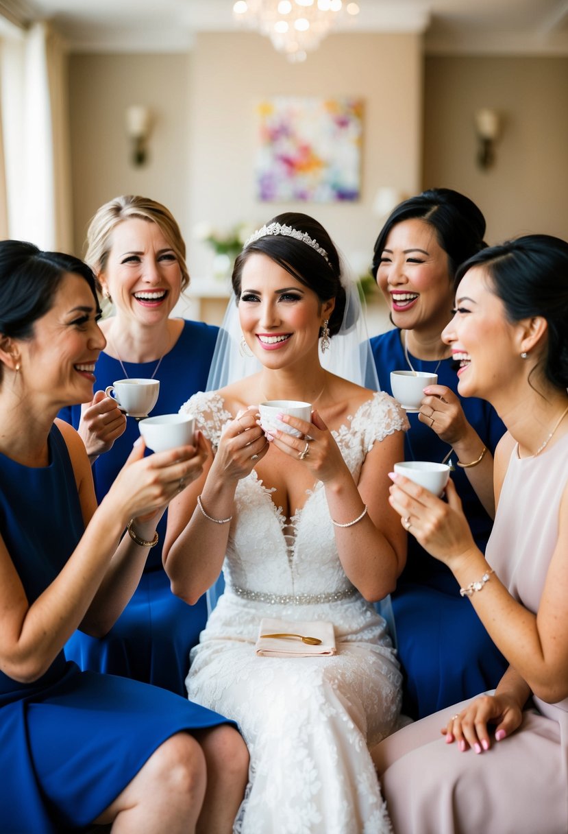 A serene bride surrounded by encouraging friends, sipping tea and sharing laughter on the morning of her wedding