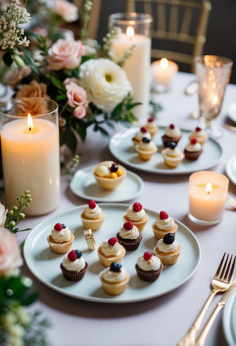 A table adorned with a variety of elegant mini dessert shots, surrounded by delicate floral arrangements and soft candlelight