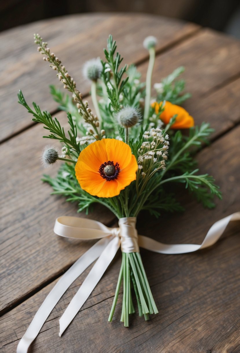 A delicate yarrow and poppy boutonniere, tied with a satin ribbon, rests on a rustic wooden table