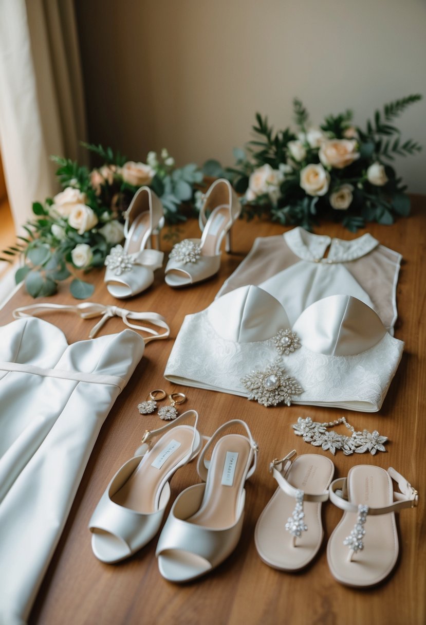 Wedding attire and accessories arranged neatly, with calming elements nearby