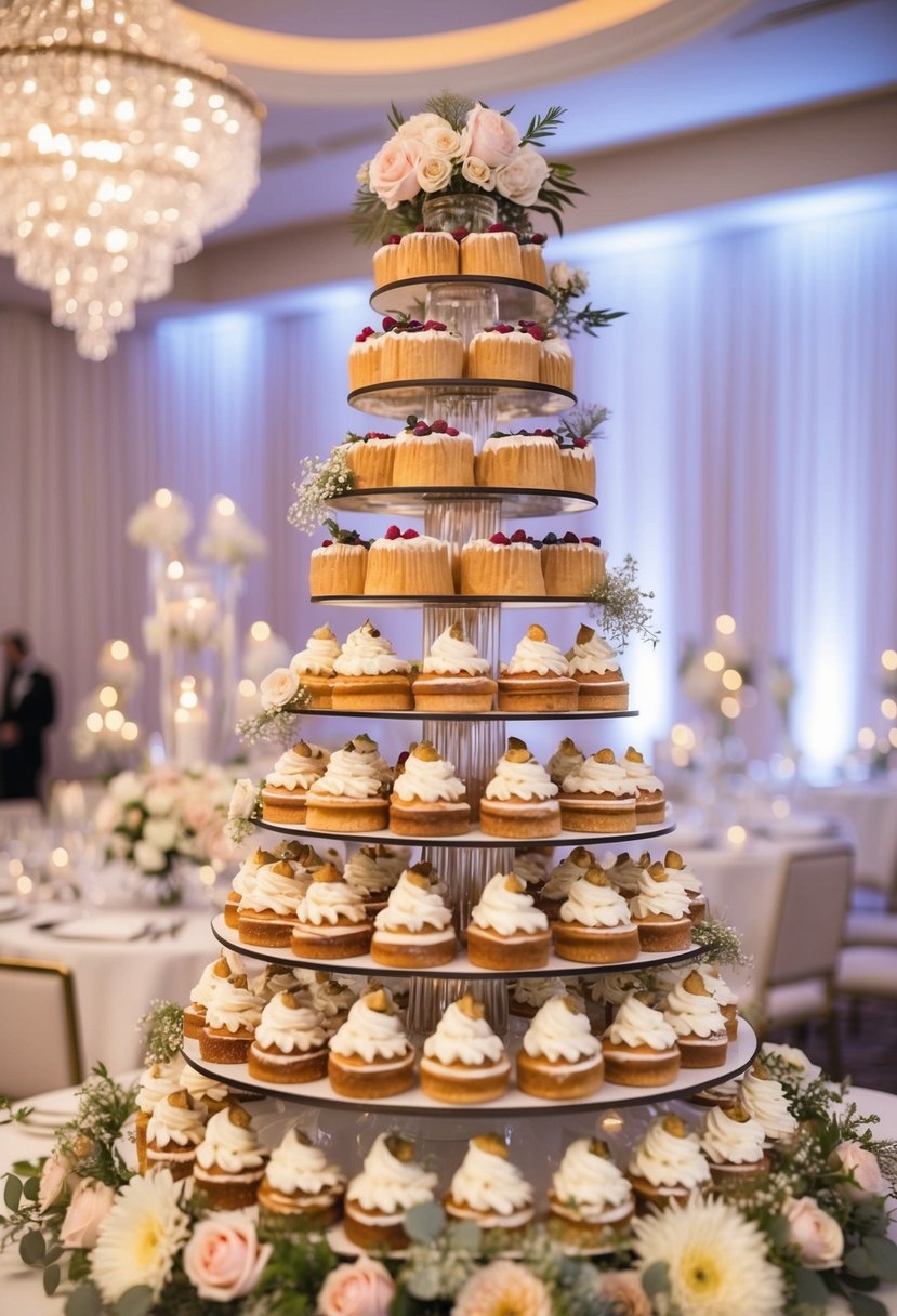 A towering display of ornate pastries and desserts arranged on a table, adorned with delicate flowers and elegant decor for a wedding celebration