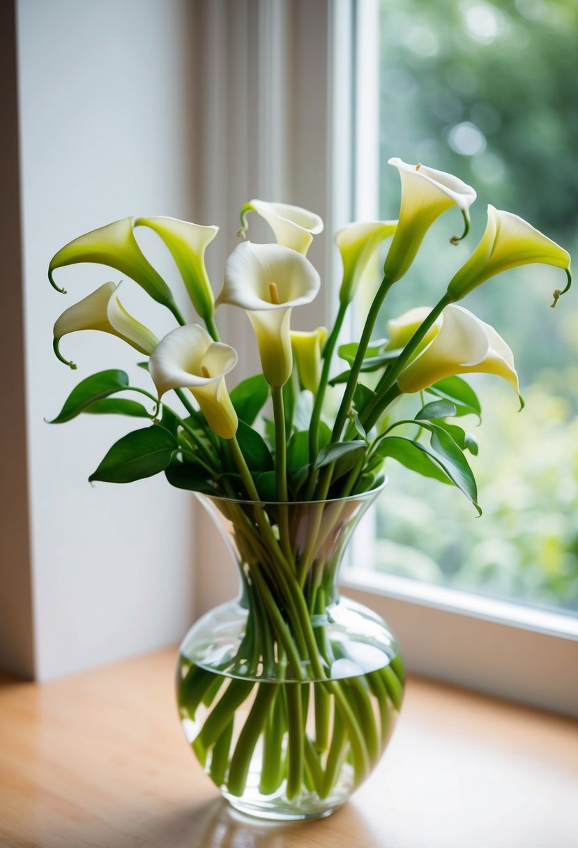 A delicate bouquet of calla lilies and sweet peas arranged in a glass vase, with soft natural light streaming through a nearby window