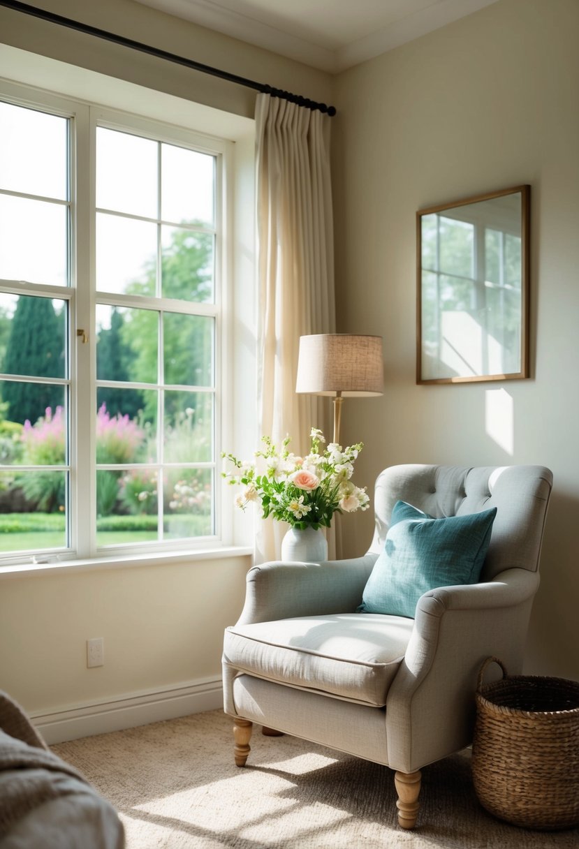 A serene, sunlit room with a cozy armchair, a vase of flowers, and a window overlooking a peaceful garden