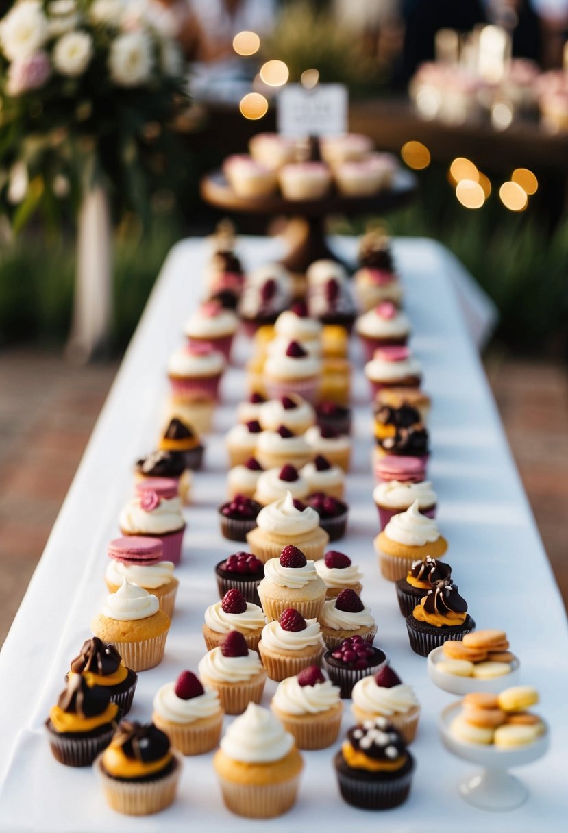 A variety of handheld desserts arranged on a table for a wedding sweet table, including cupcakes, macarons, and mini tarts