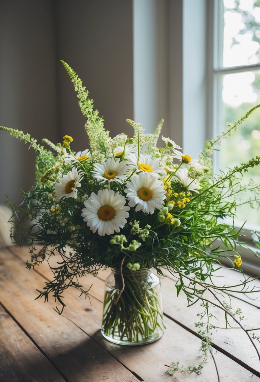 A lush bouquet of daisies and verbena, intertwined with delicate greenery, sits atop a rustic wooden table. Sunshine filters through a nearby window, casting a warm glow on the flowers