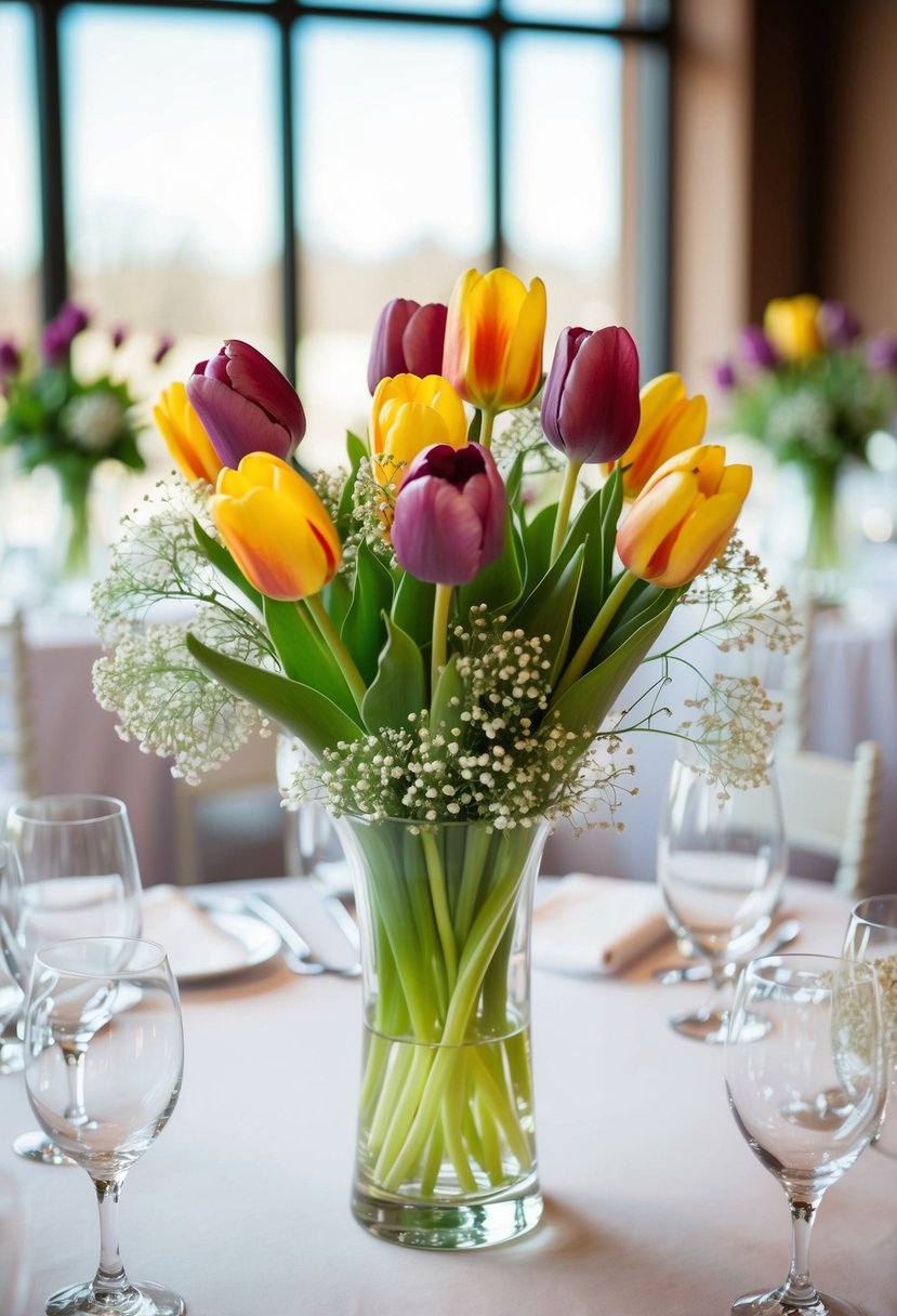 A glass vase filled with vibrant tulips and delicate baby's breath, creating a stunning centerpiece for a wedding reception