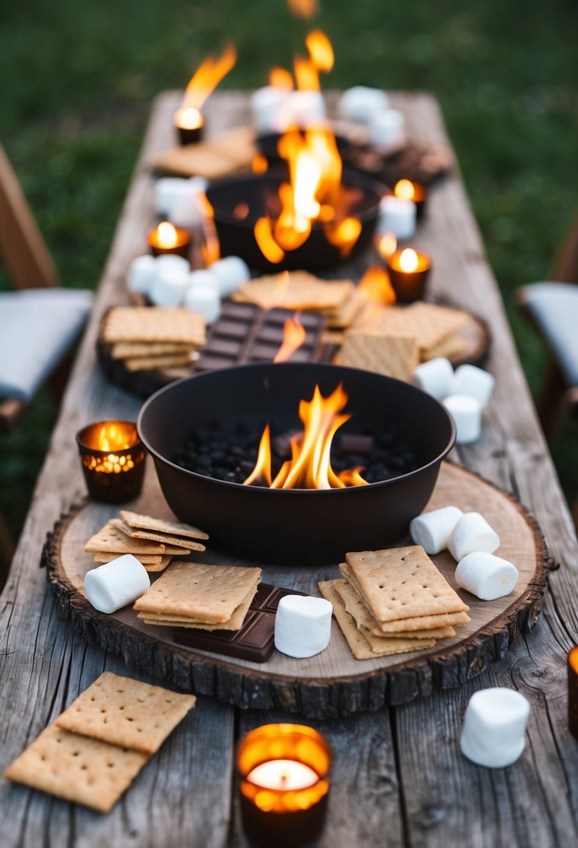 A rustic wooden table adorned with a variety of s'mores ingredients, including graham crackers, marshmallows, and chocolate bars. A small fire pit or candles provide the means for guests to roast their own marshmallows