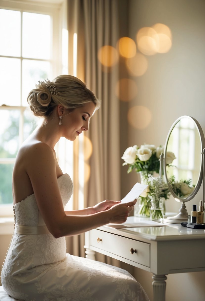 A serene bride sits at a vanity, reading her handwritten vows. Sunlight streams in through the window, casting a warm glow on the room