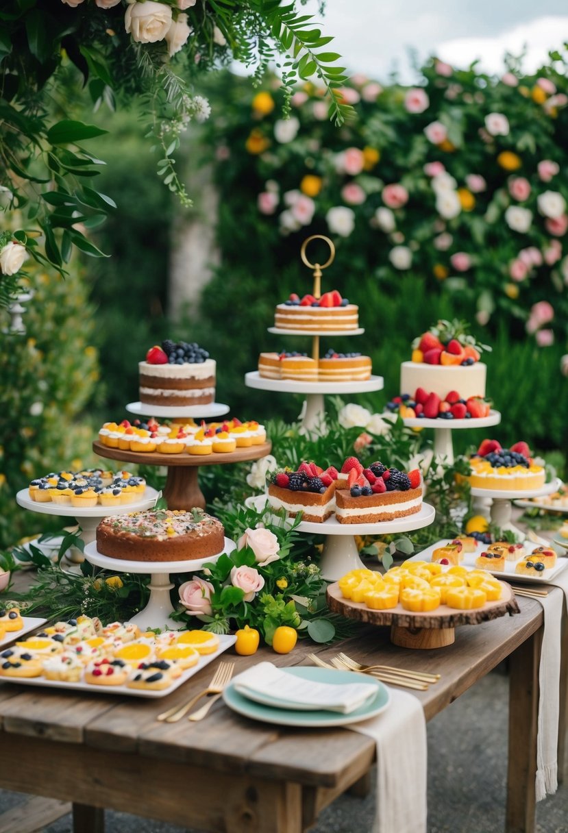 A lush garden-inspired dessert spread with an array of colorful pastries, cakes, and fruits displayed on rustic wooden tables adorned with fresh flowers and greenery