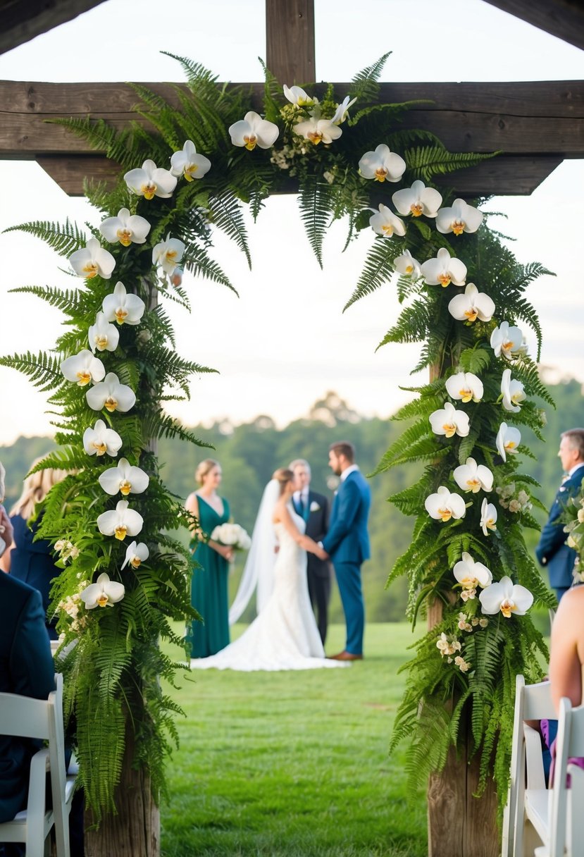 A lush garland of orchids and ferns drapes across a rustic wooden archway, framing a serene outdoor wedding ceremony