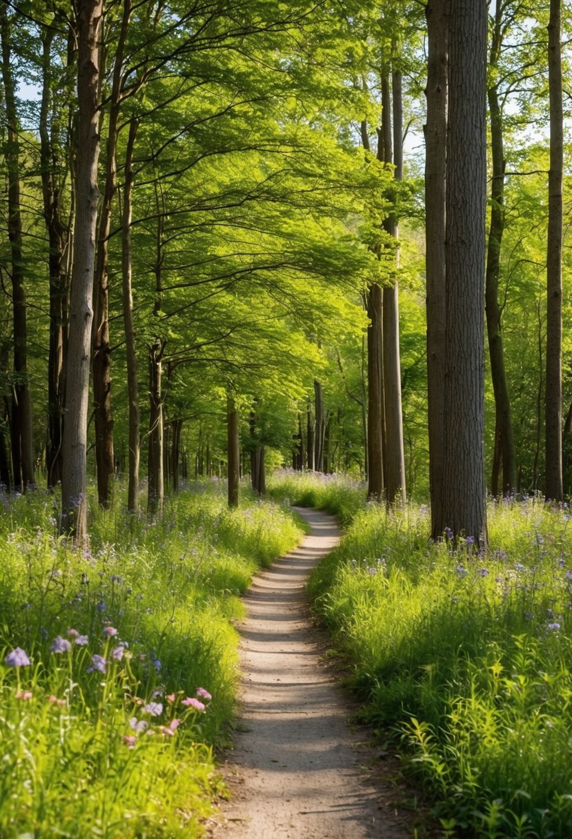 A serene woodland path, dappled with sunlight, winding through tall trees and wildflowers