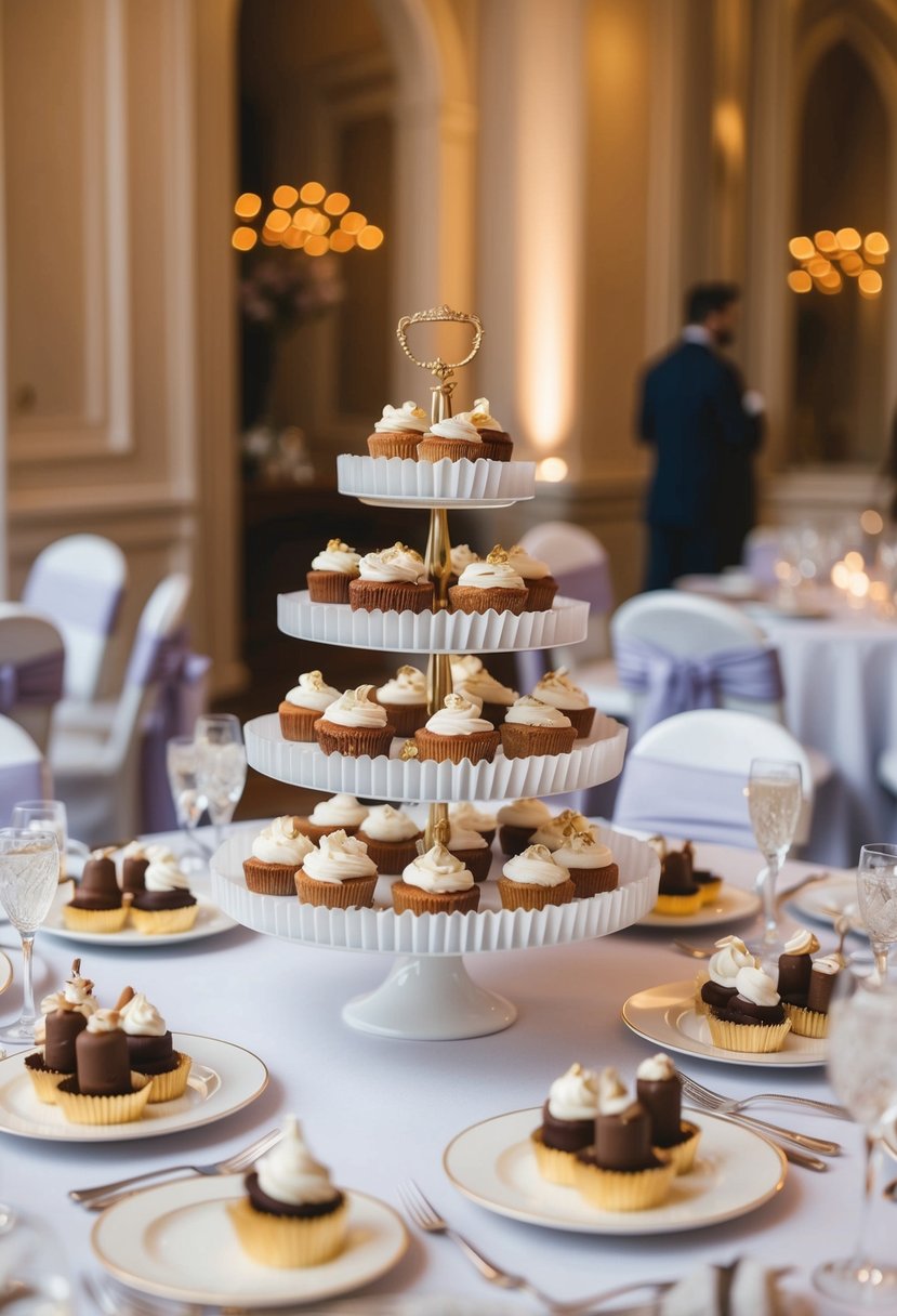 An elegant table adorned with ruffled serveware filled with wedding sweet treats