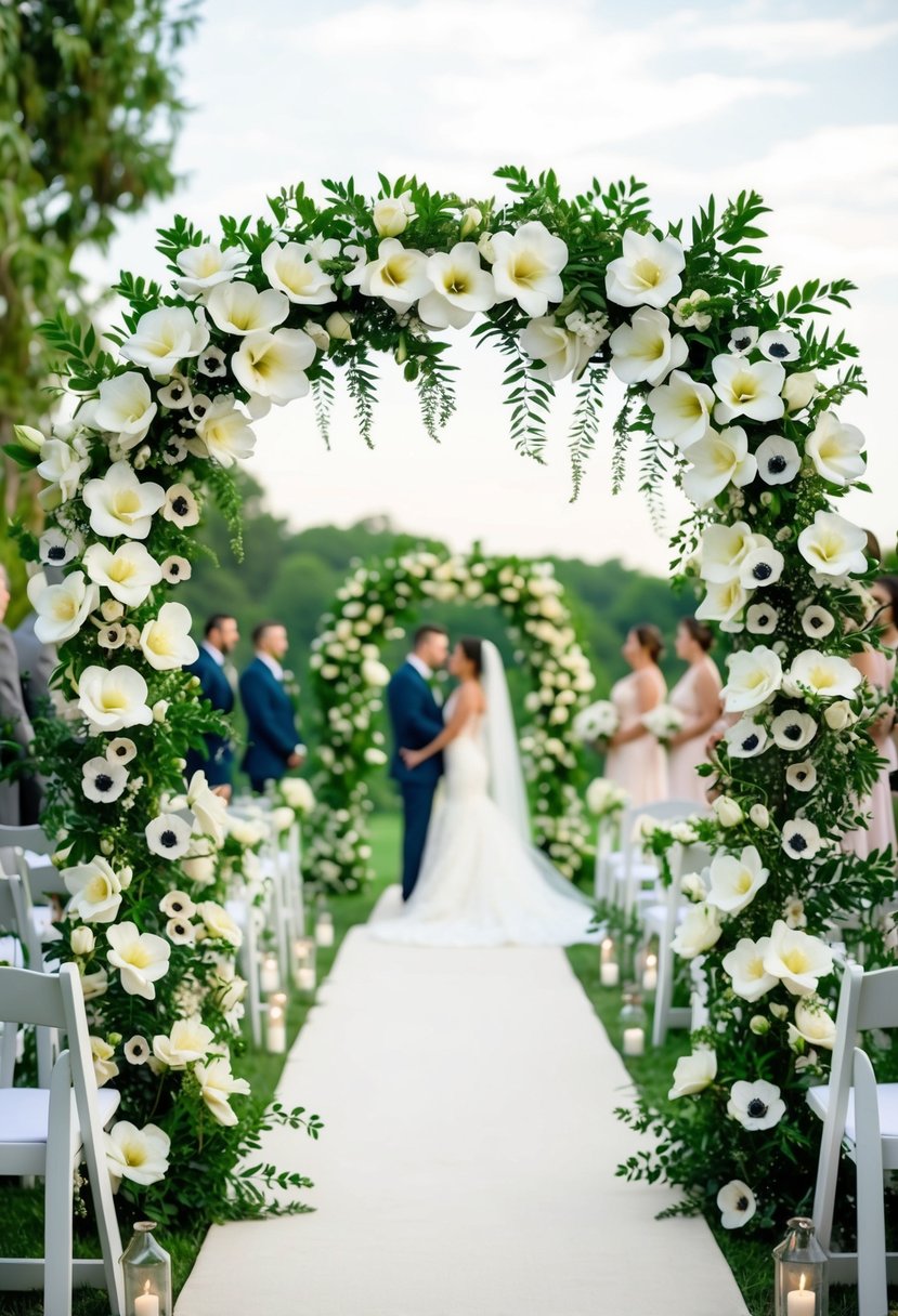 A lush archway of white gardenias and delicate anemones frames a romantic wedding ceremony