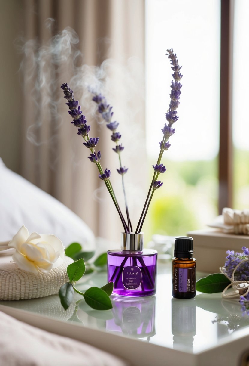 A serene bride's dressing table with a diffuser emitting lavender essential oil, surrounded by calming elements