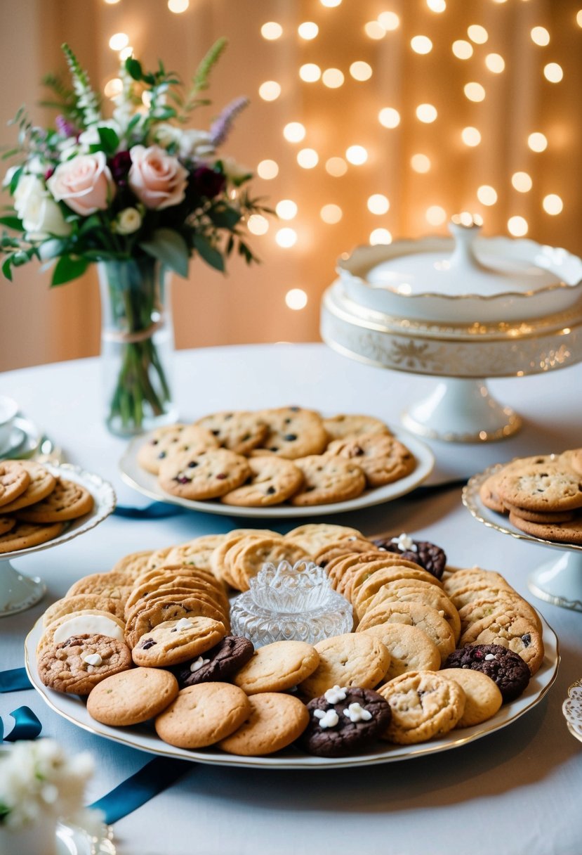 A platter of assorted cookies arranged on a table with decorative wedding-themed elements such as flowers, ribbons, and elegant serving dishes