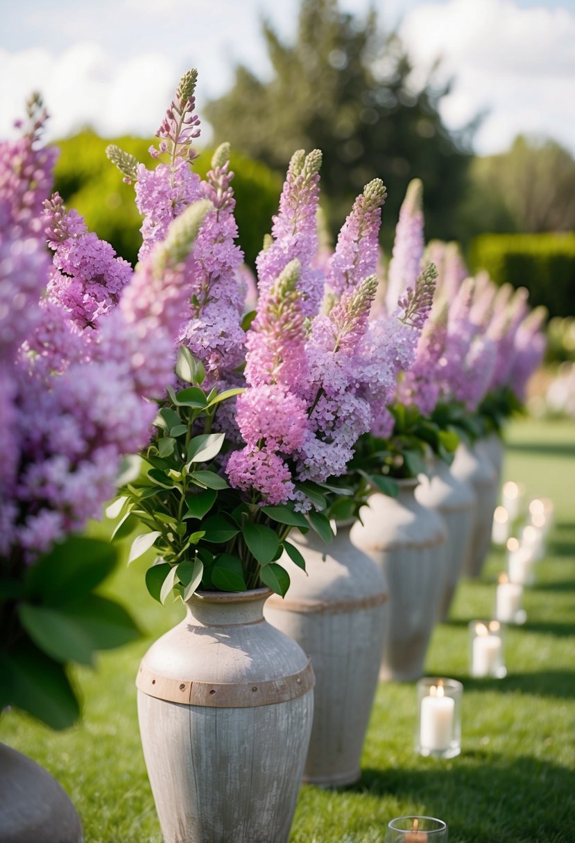 A lush aisle lined with lilac and lavender flowers in rustic vases