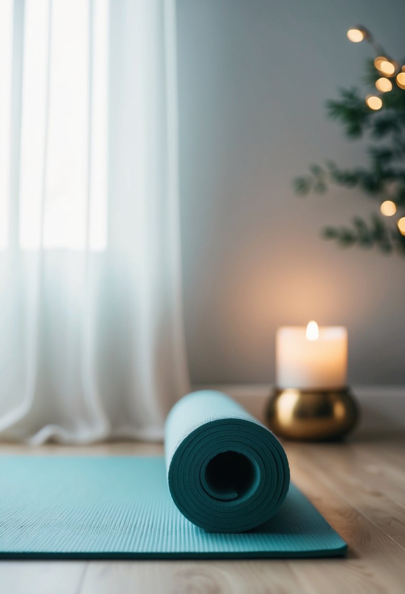 A serene setting with a yoga mat, calming decor, and soft lighting