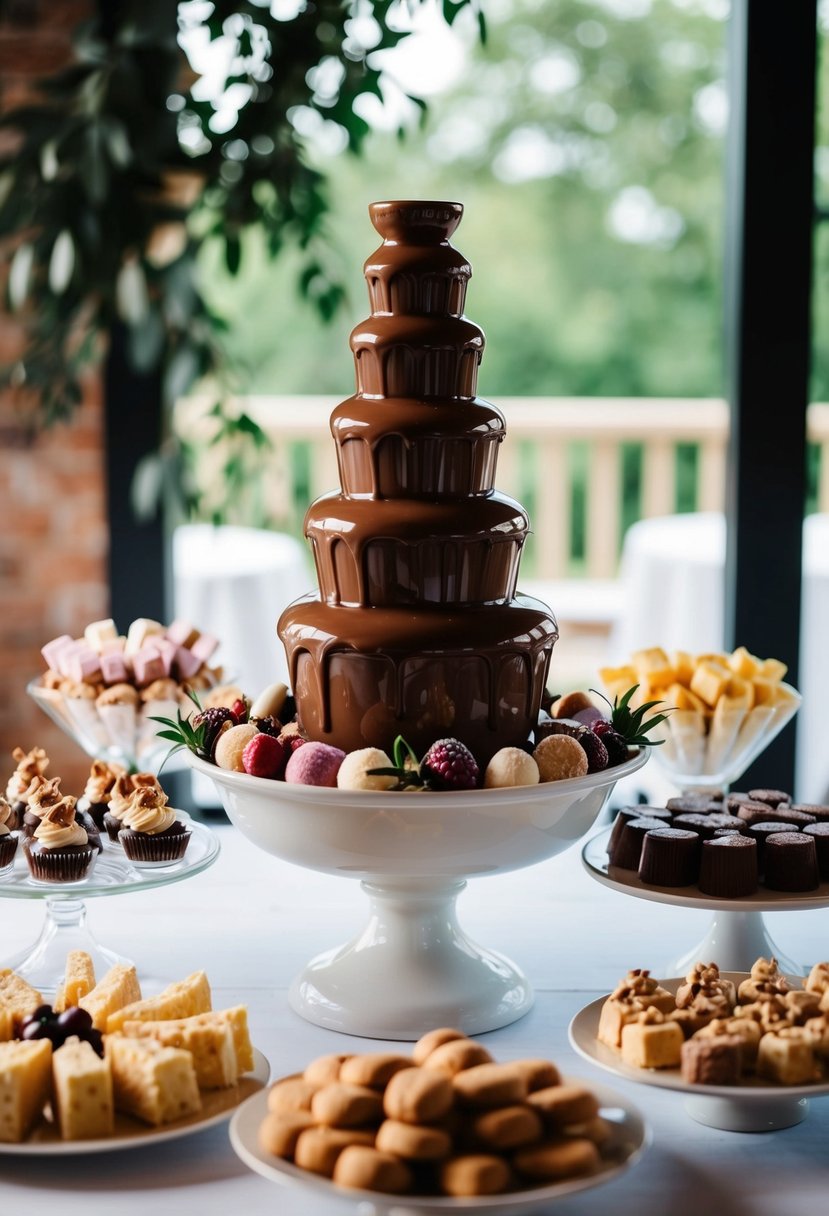 A decadent chocolate fountain surrounded by assorted sweets and treats, elegantly displayed on a wedding dessert table