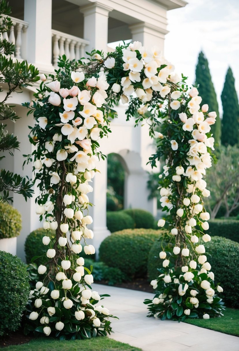 A lush garden with cascading magnolia and camellia flowers adorning a wedding archway