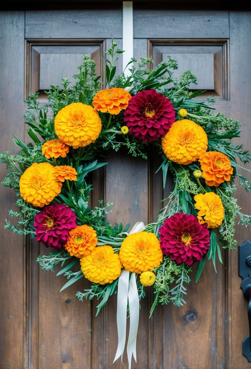 A vibrant wreath of zinnias and marigolds hangs on a rustic wooden door, with delicate greenery and ribbon accents