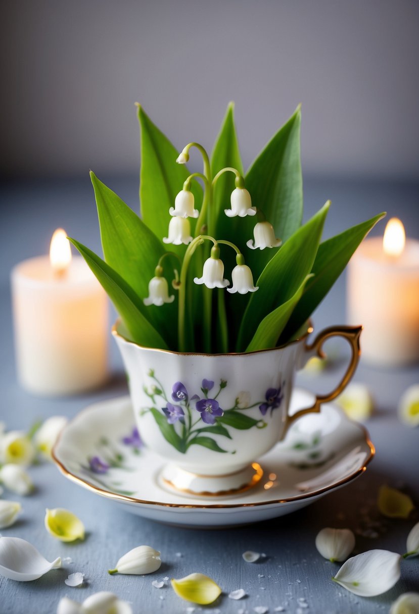 A delicate posy of Lily of the Valley nestled in a vintage teacup, surrounded by scattered petals and soft candlelight