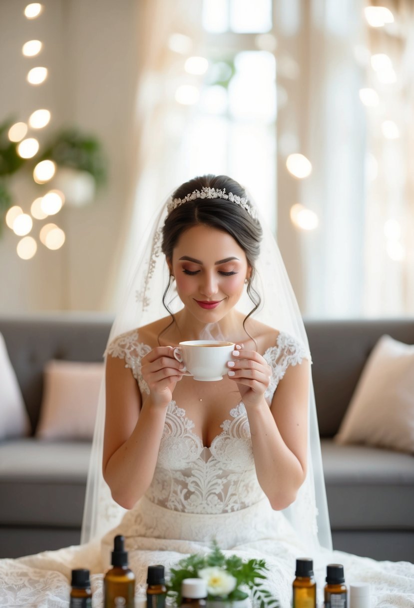 A serene bride sipping herbal tea while surrounded by calming essential oils and soft music playing in the background