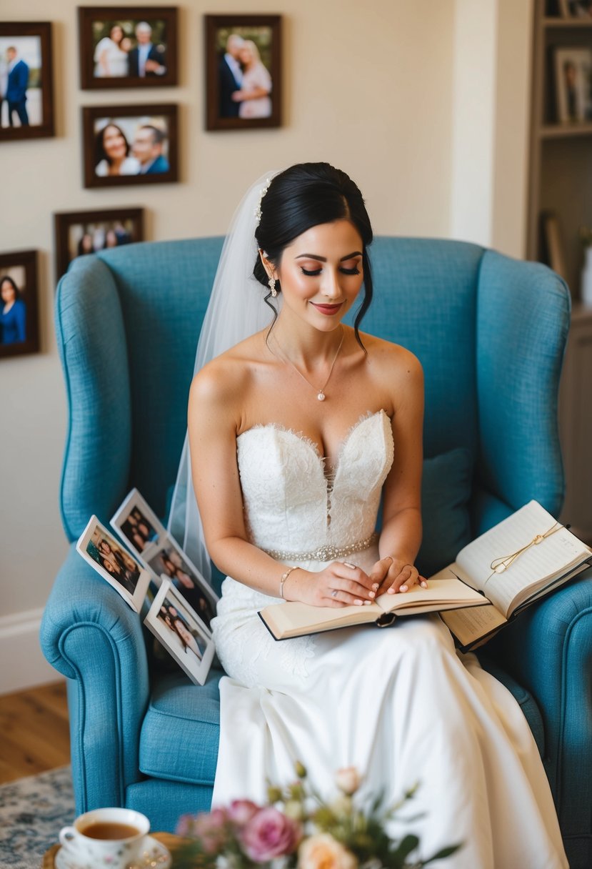 A serene bride sits in a cozy chair, surrounded by photos of loved ones. A cup of tea and a journal are nearby, as she takes a moment to reflect and feel grateful