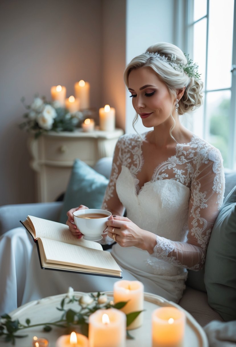 A serene bride sits with a cup of tea, surrounded by calming candles and soft music, as she journals her thoughts on her wedding morning