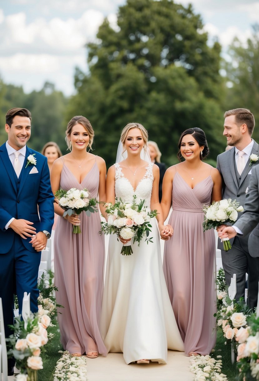 A line of bridesmaids and groomsmen walk down a flower-lined aisle, holding hands and smiling as they make their grand entrance