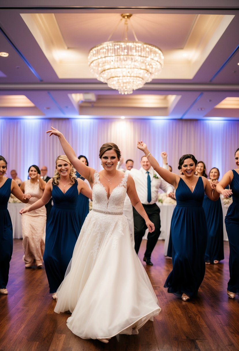 Bridal party enters wedding reception for a dance-off challenge