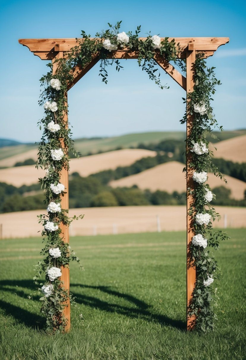 A rustic wooden arbor adorned with cascading greenery and delicate white flowers, set against a backdrop of rolling hills and a clear blue sky