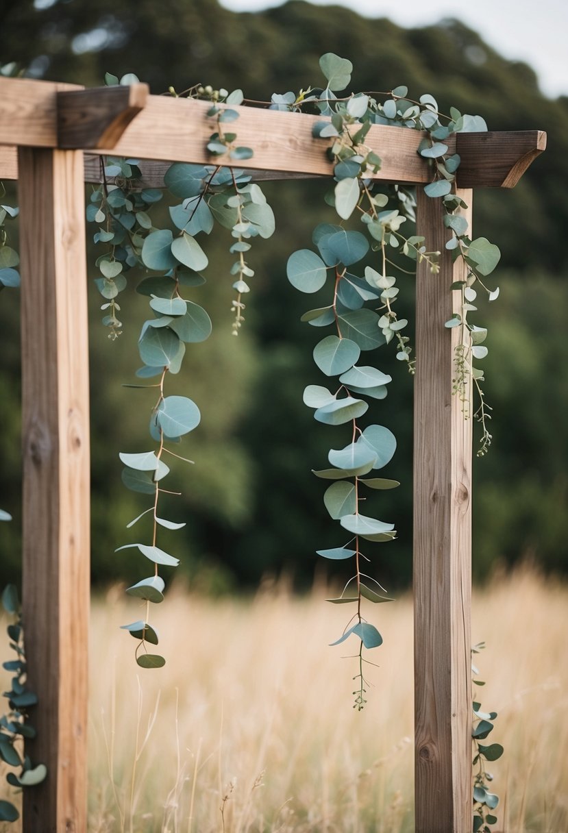 A rustic wooden arbor adorned with hanging eucalyptus branches and accents, set against a natural backdrop