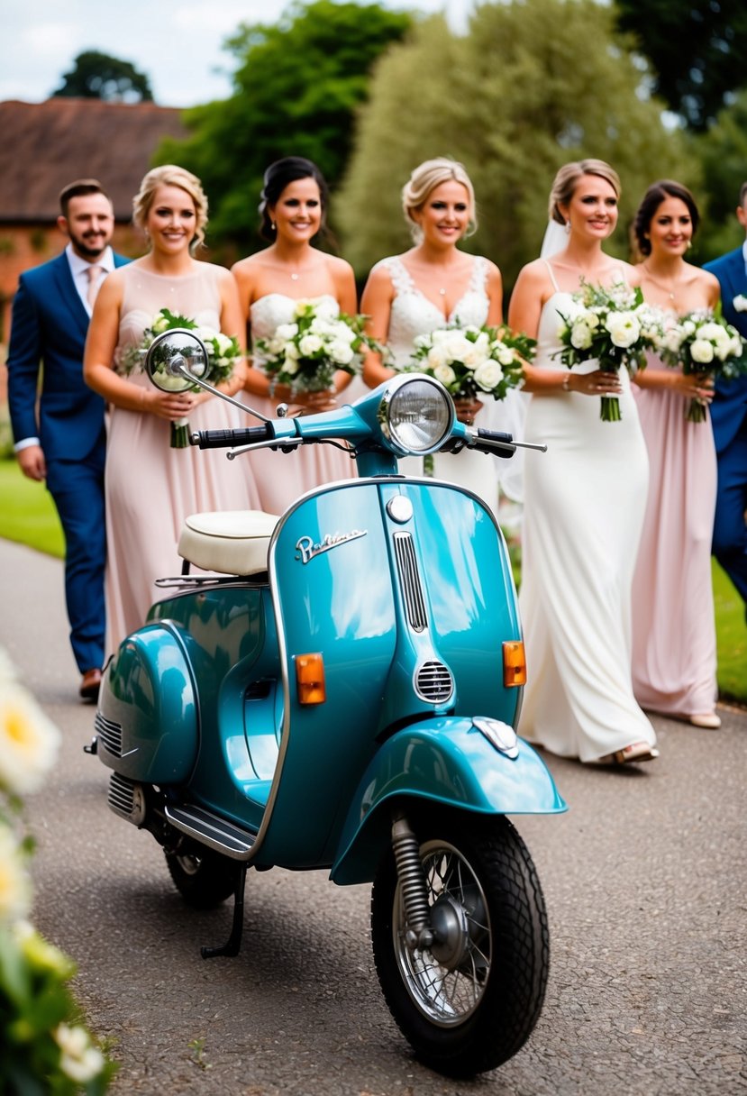 A vintage scooter adorned with flowers, leading a line of bridesmaids and groomsmen, enters the wedding venue