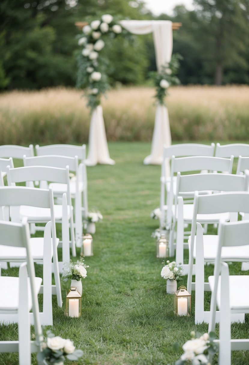 A serene outdoor wedding ceremony with simple white chairs and a neutral color palette of soft greys, creams, and greens